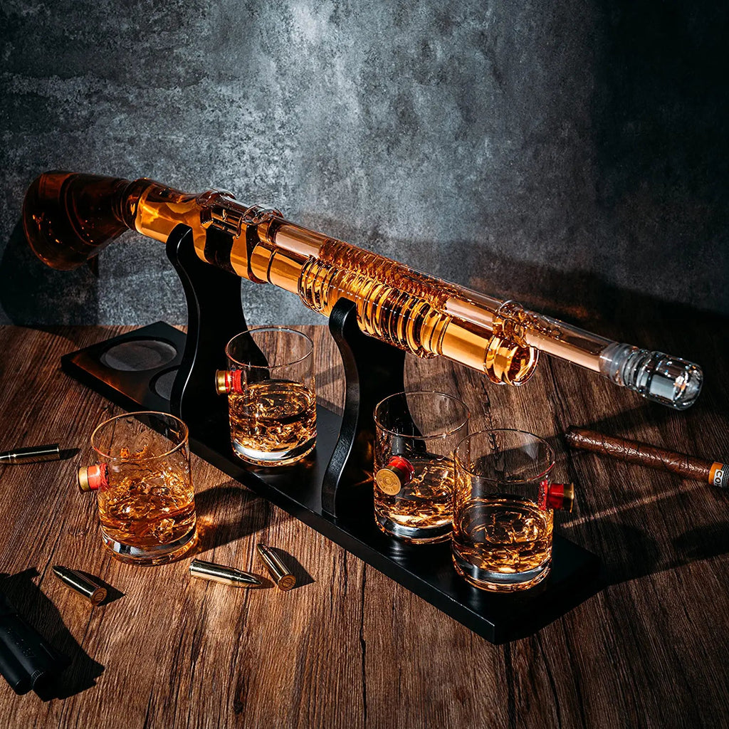 Shotgun Whiskey Decanter Set - Limited Edition ,Silencer Stopper - 800 ml & 4 12oz Bullet Glasses - Unique Gift - Drinking Party Accessory, Handmade Gun Liquor Decanter, Tik Tok Gun Decanter by The Wine Savant - Proud Libertarian - The Wine Savant