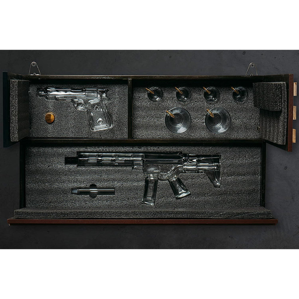 Pistol & AR15 Whiskey Decanter Set of 2 on Hidden Storage American Flag Wall Rack by The Wine Savant with 4 Bullet Shot Glasses & 2 Bullet Whiskey Glasses - Veteran Gifts, Military Gift, Home Bar Gift by The Wine Savant - Proud Libertarian - The Wine Savant