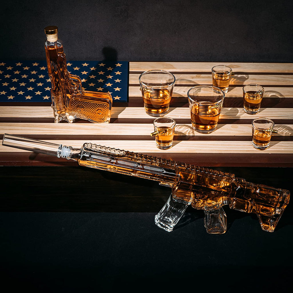 Pistol & AR15 Whiskey Decanter Set of 2 on Hidden Storage American Flag Wall Rack by The Wine Savant with 4 Bullet Shot Glasses & 2 Bullet Whiskey Glasses - Veteran Gifts, Military Gift, Home Bar Gift by The Wine Savant - Proud Libertarian - The Wine Savant
