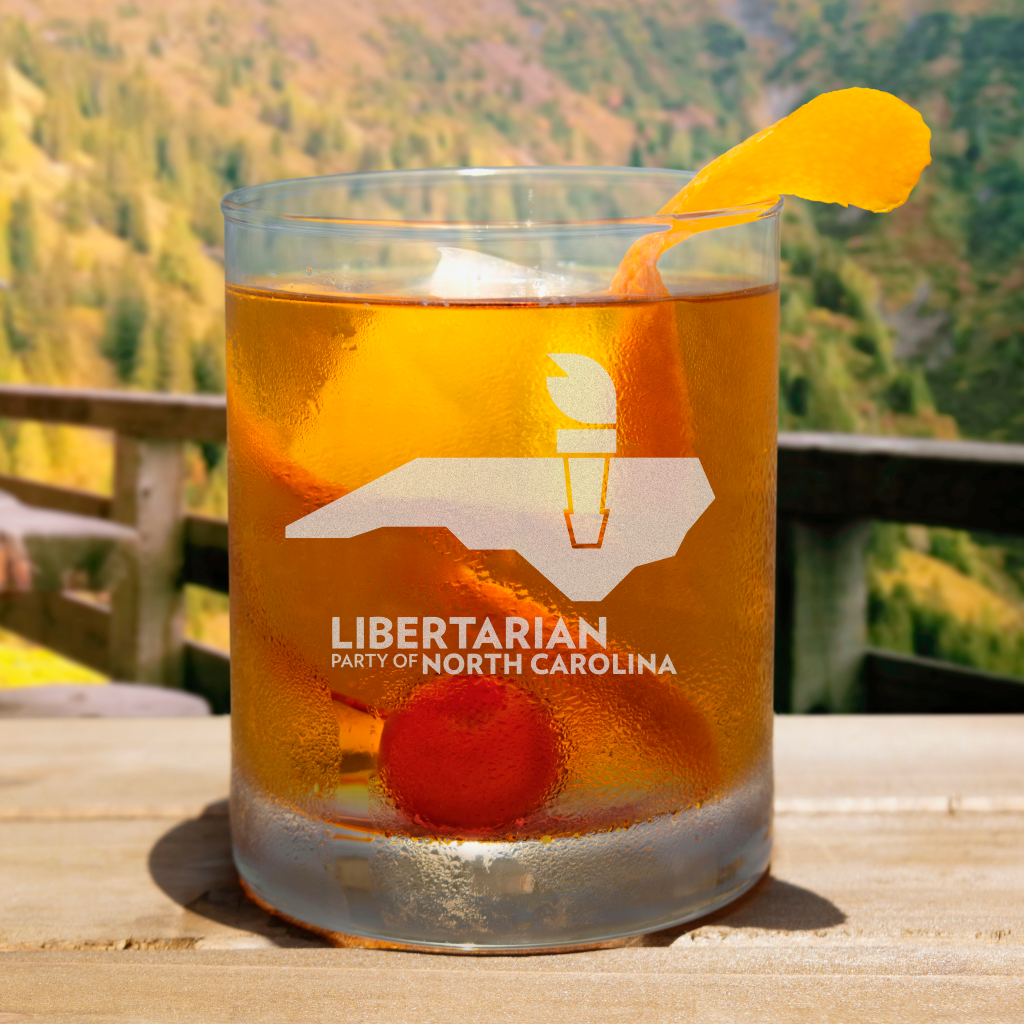 LPNC Whiskey Glass - Proud Libertarian - Libertarian Party of North Carolina