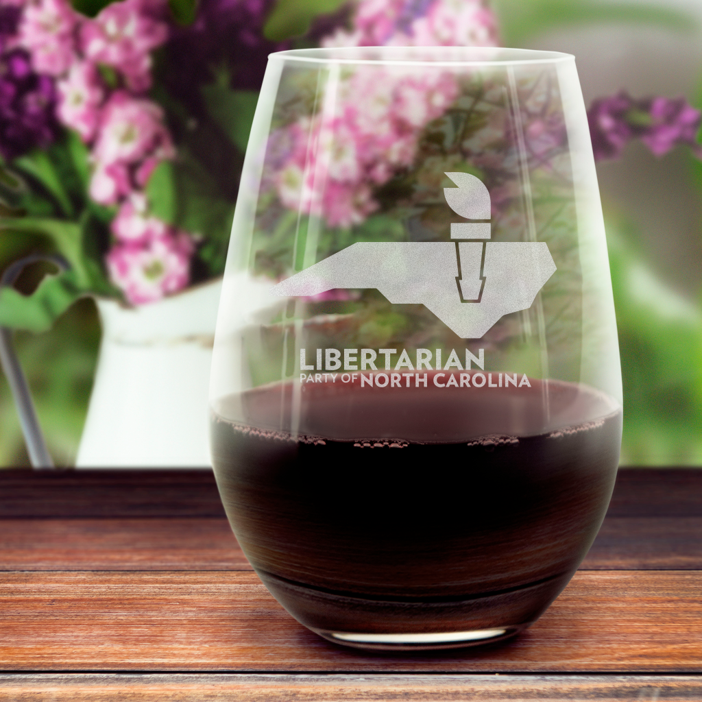 LPNC Stemless Wine Glass - Proud Libertarian - Libertarian Party of North Carolina