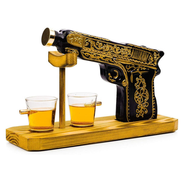 Glass Hand Painted Pistol Whiskey Gun Decanter & Pistol Shot Glasses Set, With 2 Bullet Shot Glasses by The Wine Savant - Proud Libertarian - The Wine Savant