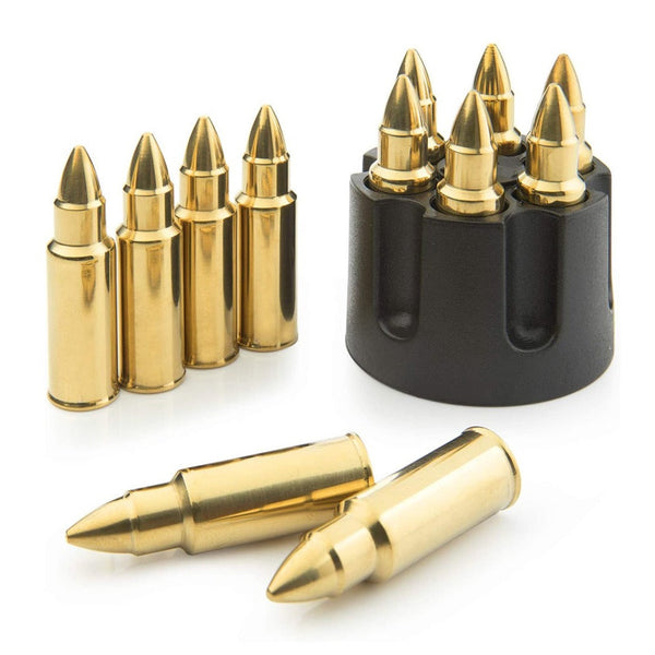 Whiskey Stones Bullets Stainless Steel - Bullet Chillers Set of 6 With Realistic Revolver Freezer Base Holder, Premium Stainless Steel (Gold) by The Wine Savant - Proud Libertarian - The Wine Savant