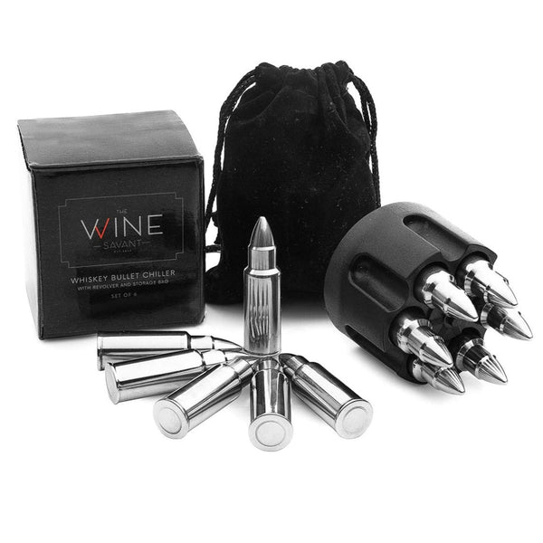 Whiskey Stones Bullets Stainless Steel - Bullet Chillers Set of 6 Inside Realistic Revolver - , Premium Stainless Steel, Reusable Chilling Ice Cube by The Wine Savant - Proud Libertarian - The Wine Savant