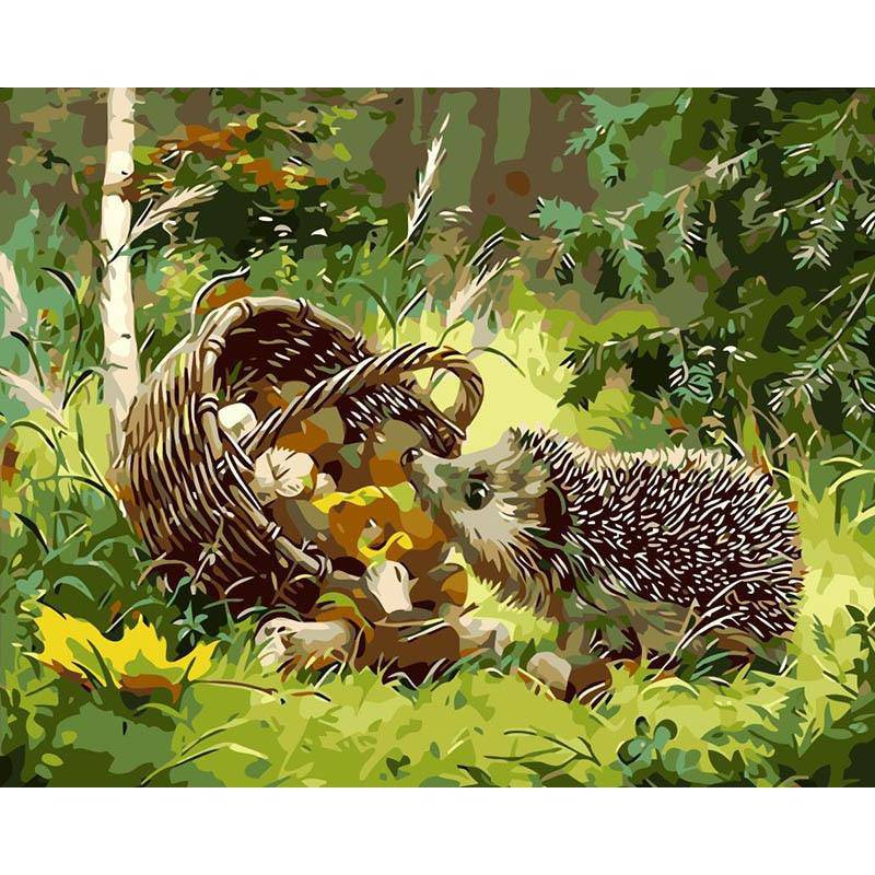 A Hedgehog And A Pack Of Mushroom - Premium Paint By Numbers Kit by Paint with Number - Proud Libertarian - Paint with Number