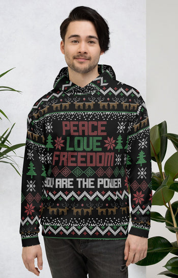 Peace Love and Freedom Ugly Christmas Sweater Unisex Hoodie - Proud Libertarian - You are the Power