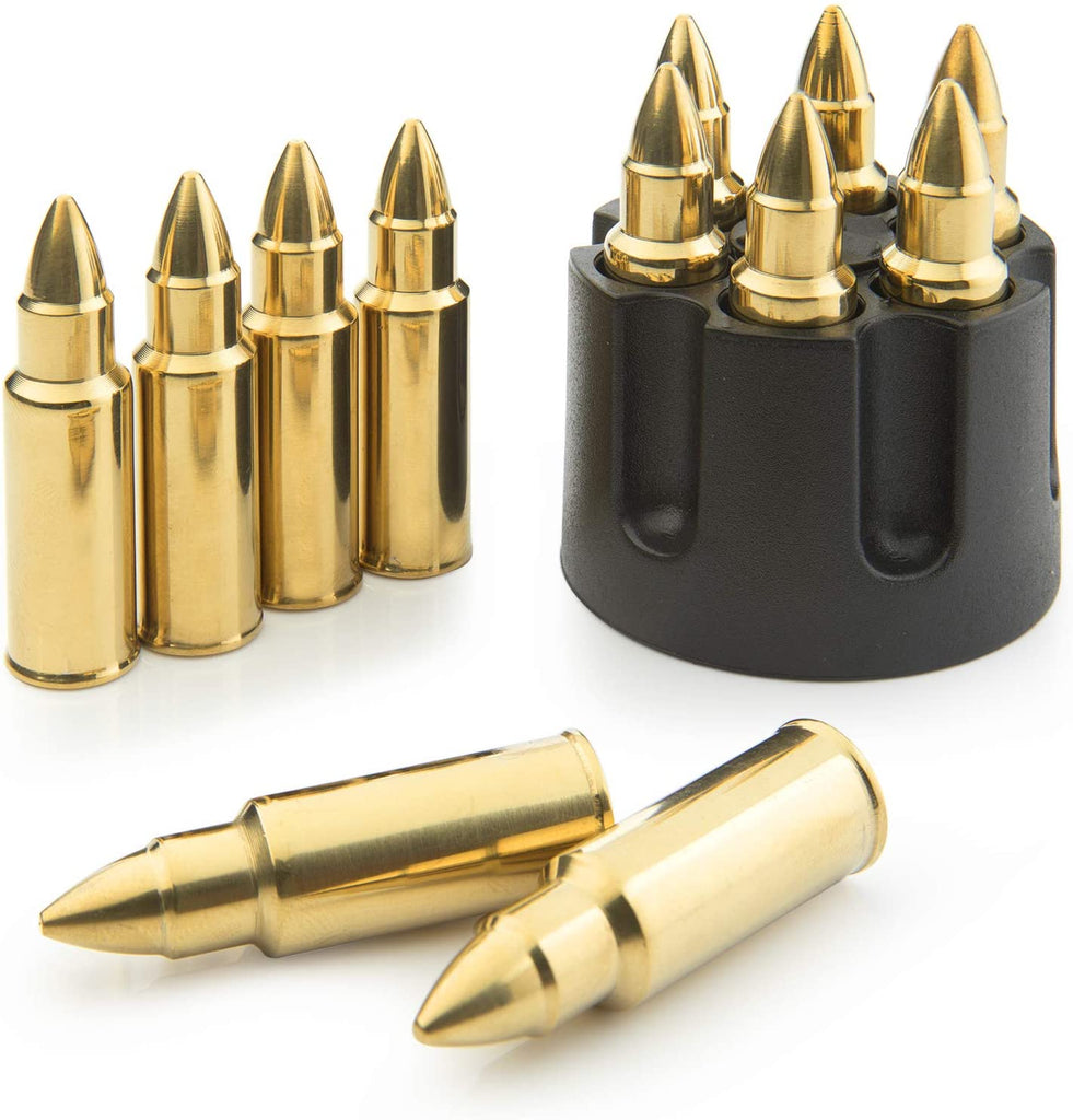 Whiskey Stones Bullets Stainless Steel - Bullet Chillers Set of 6 With Realistic Revolver Freezer Base Holder, Premium Stainless Steel (Gold) by The Wine Savant - Proud Libertarian - The Wine Savant