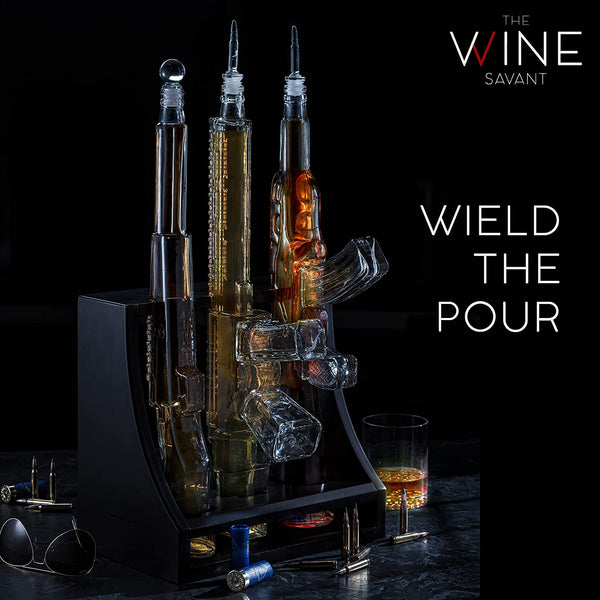 Gun Whiskey Decanter - 3 Gun Decanter with Glass AR-15, AK-47 and Rifle - Gun Gifts for Men - Whiskey Decanter Set by The Wine Savant - Proud Libertarian - The Wine Savant