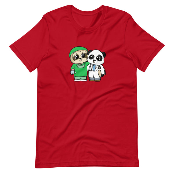 Doctor and Surgeon Cartoon Sloth & Panda Short Sleeve Unisex T-Shirt - Proud Libertarian - Cartoons of Liberty