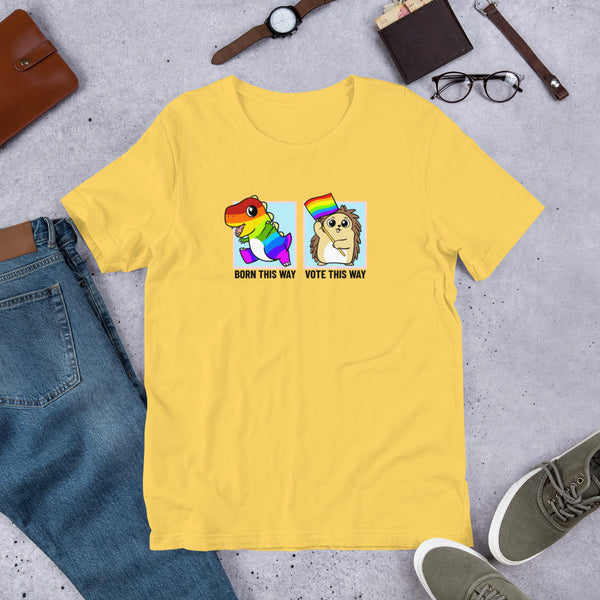 Born This Way / Vote This Way LGBT Pride Cartoon Porcupine and Dinosaur T-Shirt - Proud Libertarian - Cartoons of Liberty