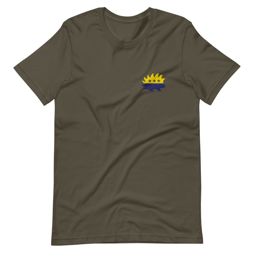 End the Monopoly - Go Gold (With Porcupine) Short-Sleeve Unisex T-Shirt - Proud Libertarian - Libertarian Party of Indiana - Morgan County