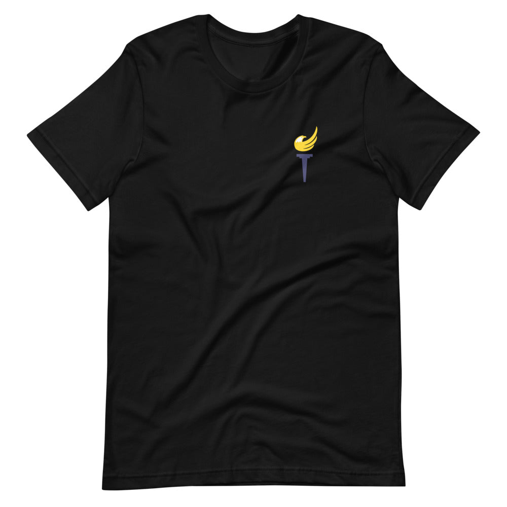 End the Monopoly - Go Gold (With Torch) Short-Sleeve Unisex T-Shirt - Proud Libertarian - Libertarian Party of Indiana - Morgan County