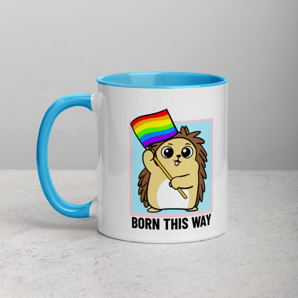 Born This Way LGBT Pride Cartoon Porcupine and Dinosaur Mug with Color Inside - Proud Libertarian - Cartoons of Liberty