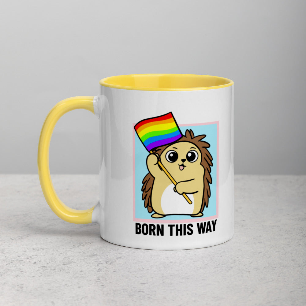 Born This Way LGBT Pride Cartoon Porcupine and Dinosaur Mug with Color Inside - Proud Libertarian - Cartoons of Liberty